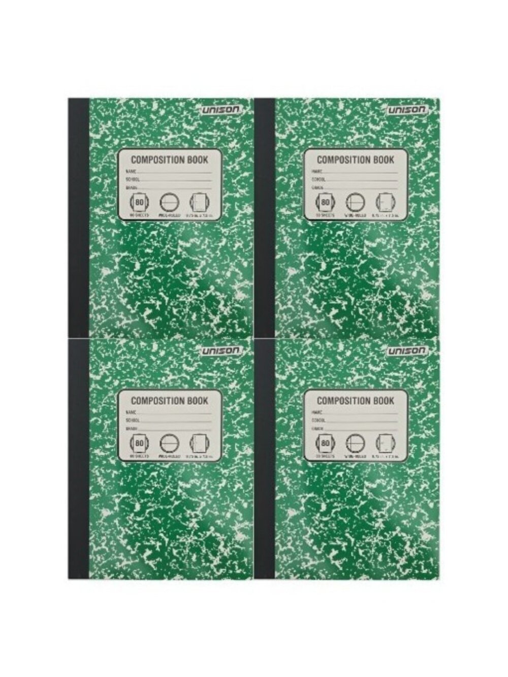 Lot Of 4 New Unison Green Composition Notebooks 80 Sheets Wide Ruled